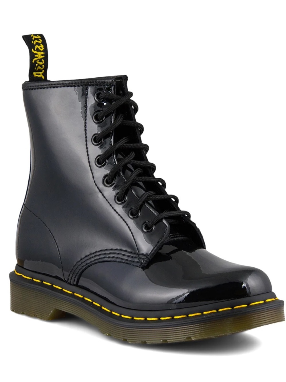 Dr. Martens Black Patent 8-Eye Lace-Up Boots with Yellow Stitching